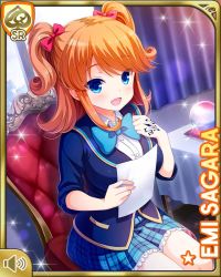 Rule 34 | 1girl, blouse, blue eyes, blue jacket, bow, breasts, card, chair, crystal ball, desk, girlfriend (kari), hair ornament, hand on chest, holding, indoors, jacket, large breasts, official art, orange hair, paper, plaid, plaid skirt, qp:flapper, reading, red bow, sagara emi, shirt, sitting, skirt, smile, solo, tablecloth, tagme, tattoo, twintails, white shirt, window