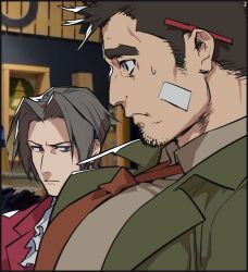 Rule 34 | 2boys, ace attorney, bandaid, bandaid on cheek, bandaid on face, object behind ear, black hair, breast envy, brown hair, bursting pectorals, coat, dick gumshoe, facial hair, from side, fukurau, goatee, large pectorals, long sideburns, looking at another, looking down, male focus, meme, miles edgeworth, multiple boys, muscle envy, muscular, muscular male, necktie, open clothes, open coat, parody, girl staring at guys chest (meme), pectoral focus, pectorals, short hair, sideburns, stubble, upper body