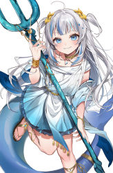 Rule 34 | 1girl, ancient greek clothes, blue eyes, blue hair, blue nails, blunt bangs, blush, bracelet, choker, commentary, dress, fins, fish tail, gawr gura, gawr gura (party dress), gradient dress, greco-roman clothes, highres, holding, holding polearm, holding weapon, hololive, hololive english, jewelry, long hair, looking at viewer, machi (7769), multicolored hair, nail polish, parted lips, polearm, revision, sandals, shark tail, simple background, smile, solo, standing, standing on one leg, tail, toenail polish, toenails, toes, trident, twintails, two-tone hair, two side up, virtual youtuber, weapon, white background, white hair, yellow choker