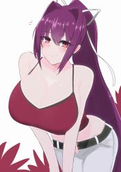 Rule 34 | 1girl, bare shoulders, belt, blush, breasts, camisole, capri pants, cleavage, hair ribbon, highres, large breasts, leaning forward, light smile, long hair, looking at viewer, midriff, open fly, pants, ponytail, purple hair, red camisole, red eyes, ribbon, solo, teeth, tsu-mo3, under night in-birth, very long hair, white pants, white ribbon, yuzuriha (under night in-birth)