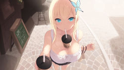 Rule 34 | 1girl, bag, bare shoulders, blonde hair, blue eyes, blush, boku wa tomodachi ga sukunai, breasts, bubble tea, bubble tea challenge, butterfly hair ornament, cait aron, cleavage, commentary request, drinking, drinking straw, fingernails, from above, hair between eyes, hair ornament, highres, holding, kashiwazaki sena, large breasts, long hair, looking at viewer, outdoors, outstretched arm, shopping bag, solo, standing