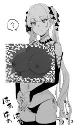 Rule 34 | 1girl, ?, azur lane, bikini, breasts, cleavage, detached sleeves, earrings, fluttering heart illusion, formidable (azur lane), greyscale, hair ribbon, highres, jewelry, kagto (alterna), looking at viewer, monochrome, nail polish, navel, nipples, optical illusion, ribbon, simple background, solo, spoken question mark, swimsuit, thighhighs, white background, x-ray