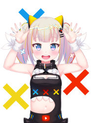 Rule 34 | 1girl, :d, aged down, animal ears, armpits, arms up, atg (wttoo0202), bare shoulders, black dress, blonde hair, blue eyes, blunt bangs, blush, cat ears, cleavage cutout, clothing cutout, d-pad, d-pad hair ornament, dress, fake animal ears, grey hair, hair ornament, hairclip, highres, kaguya luna, long hair, looking at viewer, multicolored hair, navel, navel cutout, open mouth, play button, red hair, ribbon, round teeth, sleeveless, sleeveless dress, smile, solo, spread fingers, streaked hair, teeth, the moon studio, twintails, upper body, virtual youtuber, white background, white ribbon, wrist ribbon