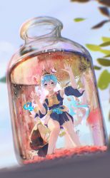 Rule 34 | 1girl, absurdres, air bubble, barefoot, blue eyes, blue hair, blurry, bottle, bubble, depth of field, fins, glass, head fins, highres, in bottle, in container, kingyo hime (onmyoji), long hair, looking at viewer, mini person, minigirl, onmyoji, open mouth, reikai kingyo hime, solo, submerged, trapped, underwater, water