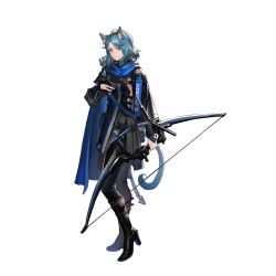 Rule 34 | 1girl, animal ears, arknights, black dress, black footwear, black pantyhose, blue cape, blue eyes, blue hair, boots, bow (weapon), breasts, cape, cat ears, cat tail, dress, full body, high heel boots, high heels, holding, holding bow (weapon), holding weapon, long sleeves, looking at viewer, monique (arknights), official art, pantyhose, short hair, sideboob, solo, standing, tail, transparent background, weapon