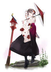 Rule 34 | 1girl, ama mitsuki, animal, bird, black footwear, black hakama, blush, boots, braid, brown eyes, brown hair, floral print, flower, fox mask, french braid, from behind, gradient hakama, hair flower, hair ornament, hakama, high heel boots, high heels, highres, holding, holding mask, holding umbrella, japanese clothes, kimono, long sleeves, looking at viewer, looking back, mask, oil-paper umbrella, open mouth, original, parasol, red hakama, shoe soles, simple background, smile, solo, standing, umbrella, white background, white kimono, wide sleeves
