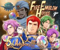Rule 34 | 4boys, armor, blue armor, brown hair, closed eyes, commentary request, copyright name, feh (fire emblem heroes), fehnix, fire emblem, fire emblem: mystery of the emblem, fire emblem heroes, green armor, green eyes, green hair, hardin (fire emblem), holding orb, looking at viewer, multiple boys, nintendo, orange armor, purple armor, purple hair, red eyes, red hair, roshea (fire emblem), sedgar (fire emblem), turban, vyland (fire emblem), wolf (fire emblem), yamada koutarou