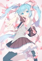 Rule 34 | 1girl, :d, absurdres, black skirt, black sleeves, black thighhighs, blue eyes, blue hair, bow, commentary, detached sleeves, floating hair, hair between eyes, hair bow, hatsune miku, highres, layered skirt, leg up, long hair, long sleeves, looking at viewer, miniskirt, open mouth, outstretched hand, pink bow, pleated skirt, single thighhigh, skirt, smile, solo, thighhighs, twintails, very long hair, vocaloid, yachishi orca