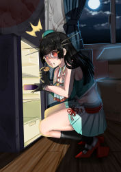 Rule 34 | 10s, 1girl, absurdres, black hair, breasts, caught, chewing, choukai (kancolle), choukai kai ni (kancolle), commentary request, cookie, food, food on face, glasses, gloves, green hat, hair ornament, hat, headgear, high heels, highres, holding, kantai collection, large breasts, long hair, looking at viewer, miniskirt, moon, night, niku tsutsumi k, red eyes, refrigerator, school uniform, serafuku, skirt, squatting, thighs