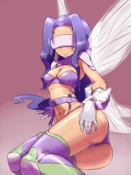 Rule 34 | 00s, 1girl, ass, bad id, bad pixiv id, breasts, cleavage, digimon, digimon (creature), digimon frontier, fairimon, highres, hun (uyonis), long hair, looking back, lying, midriff, navel, purple hair, skinny, solo, thighhighs, visor, wings