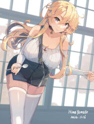 Rule 34 | 1girl, alternate costume, artist name, blonde hair, blue eyes, blush, breasts, closed mouth, collarbone, dated, hair between eyes, highres, himeyamato, holding, holding spoon, iowa (kancolle), kantai collection, large breasts, long hair, long sleeves, revision, ribbed shirt, shirt, signature, smile, solo, spoon, star-shaped pupils, star (symbol), symbol-shaped pupils, thighhighs, white shirt, white thighhighs