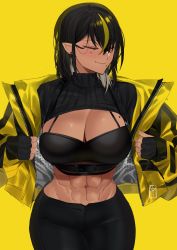 Rule 34 | 1girl, abs, belt, belt buckle, black hair, blonde hair, breasts, buckle, cowboy shot, earrings, closed eyes, fingerless gloves, gloves, hair between eyes, highres, j.moon, jacket, jewelry, large breasts, lilith (lilycious), long sleeves, mole, mole on breast, mole under mouth, multicolored hair, navel, original, pointy ears, short hair, simple background, smile, solo, streaked hair, symbol-only commentary, two-tone hair, watermark, yellow background