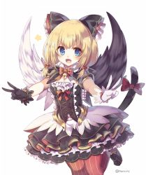 Rule 34 | 1girl, asymmetrical gloves, asymmetrical wings, black gloves, black wings, blonde hair, blue eyes, bow, character request, fang, gloves, lolita fashion, looking at viewer, low twintails, medium hair, mismatched gloves, mismatched wings, open mouth, red bow, red legwear, rento (rukeai), shironeko project, short sleeves, smile, star (symbol), twintails, twitter username, white gloves, white wings, wings