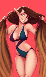 Rule 34 | 1girl, bare shoulders, bikini, breasts, brown eyes, brown hair, cleavage, commentary, grin, highres, hip focus, long hair, looking at viewer, medium breasts, navel, nose, original, pointy ears, raichiyo33, red background, simple background, smile, solo, swimsuit, thighs, twintails, very long hair