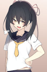 Rule 34 | 1girl, absurdres, black hair, black sailor collar, black skirt, brown background, brown eyes, commentary request, hair between eyes, hair ribbon, hand on own hip, highres, looking at viewer, olive (laai), original, red ribbon, ribbon, sailor collar, school uniform, serafuku, shirt, short sleeves, skirt, solo, twintails, upper body, white shirt, yellow neckwear