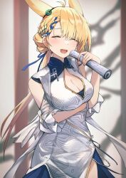 Rule 34 | 1girl, :d, animal ears, antenna hair, arknights, arm under breasts, bare shoulders, blonde hair, blurry, blurry background, blush, braid, breasts, cleavage, cleavage cutout, closed eyes, clothing cutout, cowboy shot, depth of field, dress, facing viewer, highres, holding, kiyakyuu, kroos (arknights), kroos the keen glint (along the corridor) (arknights), kroos the keen glint (arknights), large breasts, long hair, official alternate costume, open mouth, pelvic curtain, print dress, rabbit ears, smile, solo, white dress