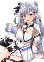 Rule 34 | 1girl, absurdres, black ribbon, blue eyes, blush, braid, breasts, dress, earrings, hair ribbon, heckler kai, highres, holoh3ro, hololive, hololive indonesia, jacket, jewelry, long hair, looking at viewer, pleated dress, ribbon, solo, vestia zeta, virtual youtuber, white background, white dress, white hair, white jacket