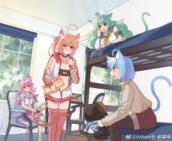 4girls :d absurdres ahoge animal_ears atlanta_(warship_girls_r) bed blue_hair blush box breasts bunk_bed cat_ears cat_girl cat_tail choker cleavage closed_mouth curly_hair green_hair highres holding horns indoors jacket juneau_(warship_girls_r) long_hair long_sleeves medium_breasts multiple_girls multiple_tails nekomata open_clothes open_jacket open_mouth orange_eyes pantyhose picture_frame pink_hair red_eyes red_shorts sailor_collar san_diego_(warship_girls_r) san_juan_(warship_girls_r) shirt short_hair short_shorts shorts sitting smile standing tail thighhighs two_tails warship_girls_r white_jacket williamb window