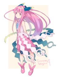 Rule 34 | 1girl, arms behind back, asahikawa hiyori, bare shoulders, character request, closed mouth, commentary request, copyright name, dress, full body, horns, long hair, looking at viewer, pink background, pink eyes, pink footwear, pink hair, pointy ears, shoes, simple background, smile, solo, standing, summon night, summon night 4
