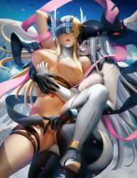 Rule 34 | 2girls, absurdres, angel wings, angewomon, arms behind head, artist name, bare shoulders, blonde hair, blue eyes, grabbing another&#039;s breast, breast press, breasts, chain, claws, cleavage, digimon, digimon adventure, fang, gloves, grabbing, groin, helmet, highres, ladydevimon, large breasts, legs, lipstick, long hair, makeup, medium breasts, multiple girls, navel, nipples, one eye covered, open mouth, pale skin, parted lips, pointy ears, red eyes, restrained, sakimichan, silver hair, single thighhigh, thigh grab, thighhighs, uncensored, watermark, web address, wings, yuri