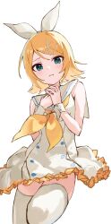 Rule 34 | 1girl, alternate costume, aqua eyes, ascot, bare shoulders, bow, buttons, cowboy shot, double-breasted, dress, frilled dress, frills, frown, hair bow, hair ornament, hairclip, hand on own chest, highres, kagamine rin, leg up, light blush, looking at viewer, narrow waist, own hands together, rakugaki ningen, sailor collar, sailor dress, short hair, skindentation, skinny, sleeveless, sleeveless dress, swept bangs, thighhighs, vocaloid, white bow, white dress, white sailor collar, white thighhighs, wide hips, wrist cuffs, yellow ascot, zettai ryouiki