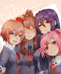 Rule 34 | 4girls, :d, blue eyes, blue nails, blush, brown hair, commentary, commentary typo, copyright name, doki doki literature club, closed eyes, facing viewer, fang, grey jacket, grin, hair between eyes, hair ornament, hair ribbon, hairclip, hand on another&#039;s head, jacket, long hair, looking at viewer, monika (doki doki literature club), multiple girls, nail polish, natsuki (doki doki literature club), odakojirou, open mouth, parted lips, pink eyes, pink hair, ponytail, purple eyes, purple hair, purple nails, red ribbon, ribbon, sayori (doki doki literature club), selfie, selfie stick, short hair, sidelocks, simple background, smile, tears, two side up, yuri (doki doki literature club)