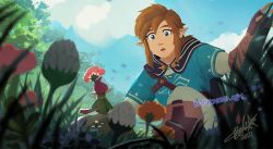 Rule 34 | bettykwong, blue eyes, blue shirt, blue sky, boots, brown hair, fingerless gloves, flower, gloves, grass, link, looking at another, male focus, mini person, miniboy, minish, nintendo, pointy ears, shirt, sidelocks, size difference, sky, the legend of zelda, the legend of zelda: breath of the wild, the legend of zelda: the minish cap, tree, watermark, web address