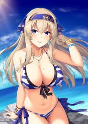 Rule 34 | 1girl, arm support, bare shoulders, bead bracelet, beads, bikini, blonde hair, blue eyes, blue sky, bracelet, brave girl ravens, breasts, cleavage, cloud, cloudy sky, collarbone, cowboy shot, day, front-tie bikini top, front-tie top, hair ribbon, hairband, hand up, horosuke, jewelry, kairi (brave girl ravens), large breasts, long hair, looking at viewer, mole, mole on breast, navel, necklace, ocean, open mouth, outdoors, ribbon, rock, side-tie bikini bottom, sitting, sitting on rock, sky, smile, solo, striped bikini, striped clothes, sunlight, swimsuit, wet