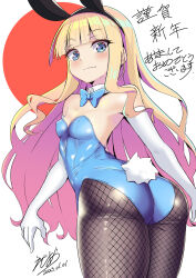Rule 34 | 1girl, alternate costume, animal ears, ass, azur lane, black pantyhose, blonde hair, blue leotard, blunt bangs, bow, bowtie, breasts, commentary request, cowboy shot, detached collar, edoara, final fantasy, final fantasy iv, final fantasy iv: the after years, fishnet pantyhose, fishnets, gloves, highres, leotard, long hair, looking at viewer, looking back, pantyhose, playboy bunny, queen elizabeth (azur lane), rabbit ears, rabbit tail, small breasts, smile, solo, tail, white gloves