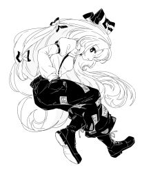 Rule 34 | 1girl, black bow, black eyes, black footwear, black pants, boots, bow, breasts, collar, from side, fujiwara no mokou, full body, greyscale, hair between eyes, hair bow, hand in pocket, hatching (texture), juliet sleeves, long hair, long sleeves, looking at viewer, looking to the side, maguro (mawaru sushi), medium breasts, monochrome, open mouth, pants, pocket, puffy sleeves, shirt, simple background, solo, touhou, white background, white bow, white hair, white shirt