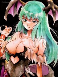 Rule 34 | 1girl, bare shoulders, black background, black leotard, breasts, cleavage, clothing cutout, collarbone, demon girl, franyan oxo, green eyes, green hair, head wings, heart cutout, highres, large breasts, leotard, long hair, looking at viewer, morrigan aensland, open mouth, smile, solo, strapless, strapless leotard, traditional media, upper body, vampire (game), wings