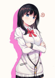 Rule 34 | 1girl, :t, anger vein, beige background, black hair, black skirt, blue eyes, blunt bangs, bow, bowtie, cardigan, crossed arms, gridman universe, grz, highres, long sleeves, pout, red bow, red bowtie, shirt, short hair, simple background, skirt, solo, ssss.gridman, takarada rikka, white cardigan, white shirt