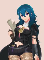 Rule 34 | 1girl, absurdres, black cape, blue eyes, blue hair, book, byleth (female) (fire emblem), byleth (fire emblem), cape, closed mouth, fire emblem, fire emblem: three houses, highres, holding, holding book, knife, long hair, nintendo, pantyhose, pantyhose under shorts, sheath, sheathed, shorts, simple background, smgold, smile, solo, twitter username
