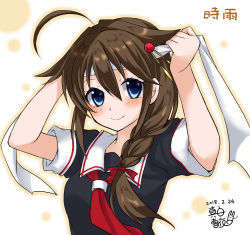 Rule 34 | 1girl, ahoge, arms up, blue eyes, blush, braid, breasts, brown hair, closed mouth, commentary request, dated, eyes visible through hair, hair between eyes, hair flaps, hair intakes, hair ornament, hair over shoulder, headband, highres, huge ahoge, kantai collection, long hair, looking at viewer, mashiro yukiya, outline, red neckwear, shigure (kancolle), shigure kai ni (kancolle), short sleeves, signature, simple background, single braid, smile, solo, tying headband, upper body, white background, white headband, yellow outline