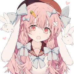 Rule 34 | 1girl, animal ears, bad id, bad pixiv id, blue bow, blue bowtie, bow, bowtie, brown headwear, carrot hair ornament, collarbone, commentary, deep (deep4946), food-themed hair ornament, hair bow, hair ornament, heart, heart-shaped pupils, highres, long hair, looking at viewer, multiple hair bows, open mouth, original, pink eyes, pink hair, rabbit, rabbit ears, red sailor collar, sailor collar, school uniform, serafuku, shirt, simple background, solo, symbol-shaped pupils, upper body, white background, white shirt, x hair ornament