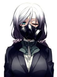Rule 34 | 10s, 1girl, blazer, commentary request, gas mask, green eyes, green ribbon, hair ornament, hair scrunchie, jacket, love live!, love live! school idol project, low twintails, mask, one eye closed, portrait, purple hair, ribbon, school uniform, scrunchie, simple background, sizuka (takuma0), solo, tojo nozomi, twintails, upper body, white background