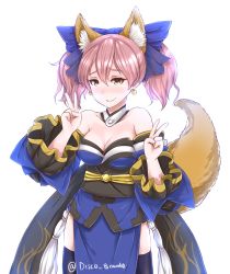 Rule 34 | 10s, 1girl, alternate costume, animal ears, blush, bow, collarbone, cosplay, detached sleeves, disco brando, double v, earrings, fate/extra, fate (series), fox ears, fox tail, grey eyes, hair bow, hair ribbon, heart, heart earrings, highres, idolmaster, idolmaster cinderella girls, jewelry, jougasaki mika, long hair, looking at viewer, off shoulder, pink hair, ribbon, simple background, smile, solo, tail, tamamo (fate), tamamo cat (fate), tamamo no mae (fate/extra), tamamo no mae (fate/extra) (cosplay), thighs, twintails, v, white background