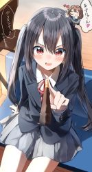 Rule 34 | 1girl, black hair, blazer, blush, brown hair, chair, chibi, chibi inset, commentary request, food, highres, hirasawa yui, jacket, k-on!, long hair, looking at viewer, nakano azusa, pentagon (railgun ky1206), pocky, pocky day, school uniform, sitting, solo, translation request, twintails