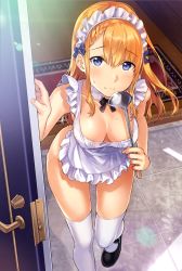 Rule 34 | 1girl, apron, bare arms, bare shoulders, black footwear, blonde hair, blue bow, blue eyes, blush, bow, braid, breasts, cleavage, closed mouth, commentary request, door, frills, holding, ladle, long hair, looking at viewer, maid, maid apron, maid headdress, mary janes, medium breasts, naked apron, original, shoes, solo, sweat, tan (tangent), thighhighs, thighs, white apron, white thighhighs