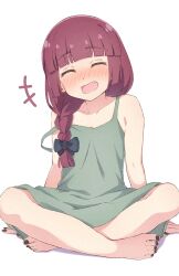 Rule 34 | 1girl, artist request, bare legs, barefoot, black nails, blush, bow, braid, closed eyes, dress, fang, feet, hair bow, highres, hiroi kikuri, indian style, looking at viewer, nail polish, open mouth, pink hair, simple background, sitting, smile, solo, strap slip, toenail polish, toenails, toes, white background
