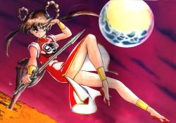 Rule 34 | 1990s (style), 1girl, absurdres, bracelet, breasts, brown hair, china dress, chinese clothes, dress, full body, full moon, gold trim, green eyes, highres, holding, holding weapon, jewelry, long hair, mamono hunter youko, mano youko, medium breasts, moon, official art, retro artstyle, scan, shoes, simple background, sleeveless, solo, sword, thighs, twintails, weapon, yin yang