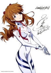 Rule 34 | 1girl, absurdres, artist name, blue eyes, bodysuit, breasts, brown hair, evangelion: 3.0+1.0 thrice upon a time, eyepatch, hair ornament, highres, interface headset, long hair, long sleeves, looking at viewer, medium breasts, neon genesis evangelion, nishigori atsushi, number print, official art, parted lips, plugsuit, rebuild of evangelion, scan, shiny clothes, simple background, small breasts, smile, solo, souryuu asuka langley, studio khara, translation request, two side up, white background