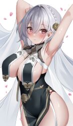 Rule 34 | 1girl, absurdres, armpits, arms up, azur lane, bare shoulders, blush, braid, breast curtains, breasts, china dress, chinese clothes, cleavage, closed mouth, commentary, covered collarbone, cowboy shot, crossed bangs, dress, flower, garter straps, grey dress, grey hair, hair between eyes, hair flower, hair intakes, hair ornament, highres, large breasts, looking at viewer, official alternate costume, pelvic curtain, red eyes, ribbon between breasts, short hair, side braid, sidelocks, simple background, sirius (azur lane), sirius (azure horizons) (azur lane), skindentation, smile, solo, standing, white background, wynnblue