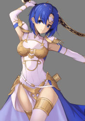 Rule 34 | 1girl, absurdres, arm up, armor, armpits, blue eyes, blue hair, breastplate, breasts, catria (fire emblem), closed mouth, covered navel, cowboy shot, dress, elbow gloves, faulds, fire emblem, fire emblem heroes, gloves, grey background, hako momiji, head tilt, highres, holding, holding sword, holding weapon, looking at viewer, medium breasts, nintendo, outstretched arm, parted bangs, pauldrons, pelvic curtain, short hair, shoulder armor, simple background, smile, solo, sword, thighhighs, thighs, waist cape, weapon, white dress, white gloves, white thighhighs