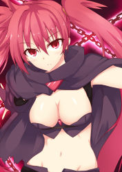 Rule 34 | 1girl, aq interactive, arcana heart, arcana heart 3, atlus, bad id, bad pixiv id, breasts, cape, chain, cleavage, examu, highres, large breasts, long hair, nakatama kyou, navel, red eyes, red hair, scharlachrot, solo, twintails