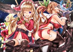 Rule 34 | 10s, 2girls, absurdres, ass, blonde hair, blue eyes, bow, bow panties, breasts, brown hair, cagliostro (granblue fantasy), capelet, clarisse (granblue fantasy), fur trim, ganari ryuu, granblue fantasy, hat, highres, large breasts, long hair, looking at viewer, midriff, multiple girls, one eye closed, open mouth, original, panties, purple eyes, red panties, santa costume, santa hat, smile, strapless, tube top, twintails, underwear, white panties