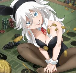 Rule 34 | 1girl, blue eyes, breasts, cleavage, colorized, eden&#039;s zero, gaston18, highres, large breasts, long hair, looking at viewer, rabbit ears, sister ivry, smile, white hair