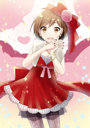 Rule 34 | 1girl, blush, bow, breasts, brown eyes, brown hair, cleavage, dress, frills, hair bow, hair ornament, heart, jewelry, kikuchi mataha, looking at viewer, matching hair/eyes, meiko (vocaloid), open mouth, pantyhose, red dress, short hair, simple background, smile, solo, sparkle, vocaloid