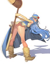 Rule 34 | 1girl, arutera, ass, bad id, bad pixiv id, bare shoulders, blue hair, brown eyes, circlet, dragon quest, dragon quest iii, elbow gloves, gloves, highres, long hair, panties, sage (dq3), shadow, simple background, solo, staff, thighs, underwear, very long hair, white background, white panties