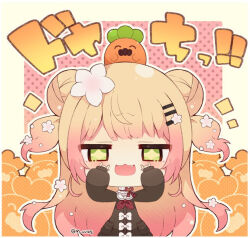 Rule 34 | + +, 1girl, :3, :d, \m/, black jacket, blonde hair, blush, bow, chibi, commentary request, double \m/, double bun, fang, flower, green eyes, hair bun, hair flower, hair ornament, hairclip, hands up, hololive, jacket, long hair, long sleeves, looking at viewer, momosuzu nene, momosuzu nene (casual), muuran, neckerchief, on head, open mouth, plaid neckerchief, puffy long sleeves, puffy sleeves, red neckerchief, smile, solo, translation request, two side up, upper body, very long hair, virtual youtuber, white bow, white flower